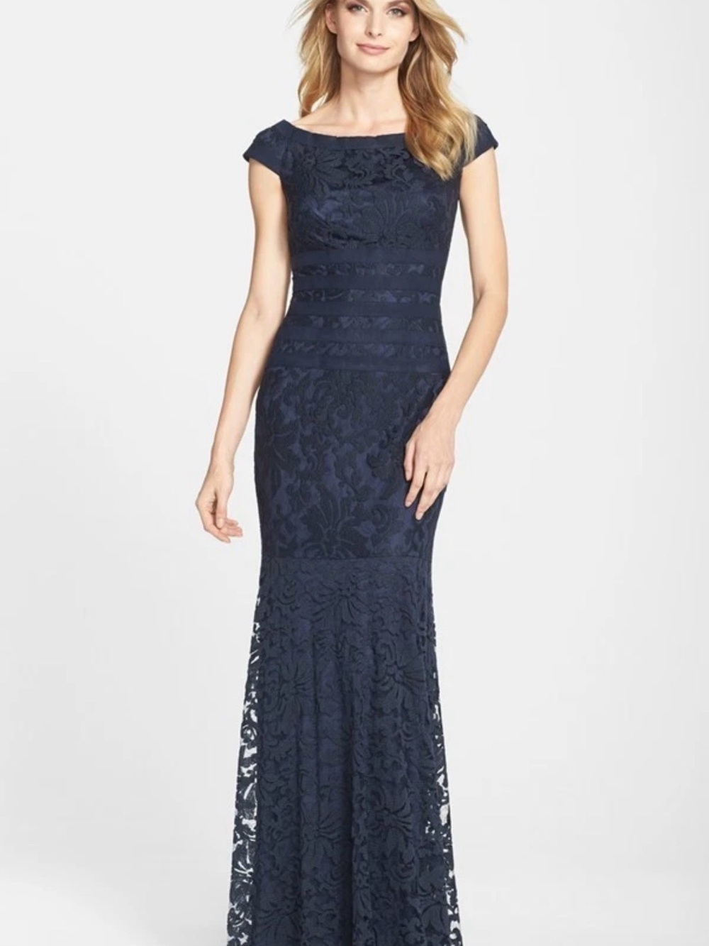 Tadashi Shoji Dress Textured  Navy Blue Lace Cap-Sleeve Mermaid Evening Gown 2